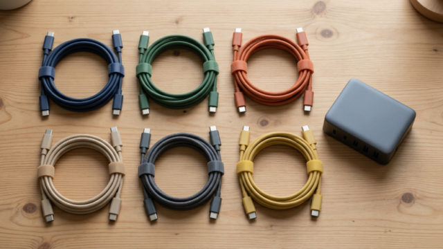 Colorful USB-C cables with cable tags and a multi-port charger