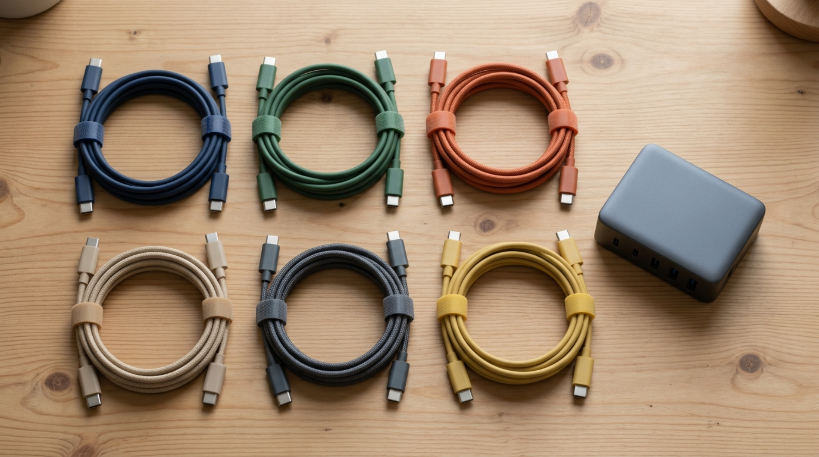Colorful USB-C cables with cable tags and a multi-port charger