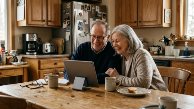 Older couple smiling during a video call on a tablet