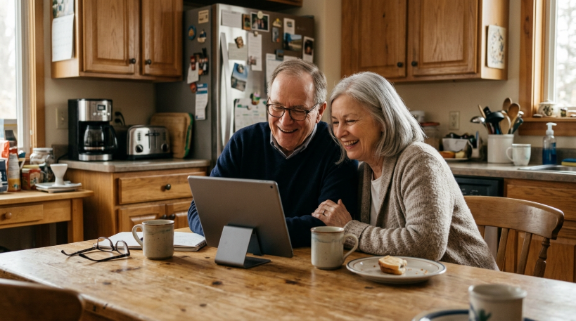 Older couple smiling during a video call on a tablet
