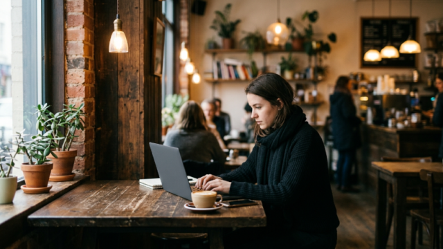 Person working on a laptop at a cafe corner table