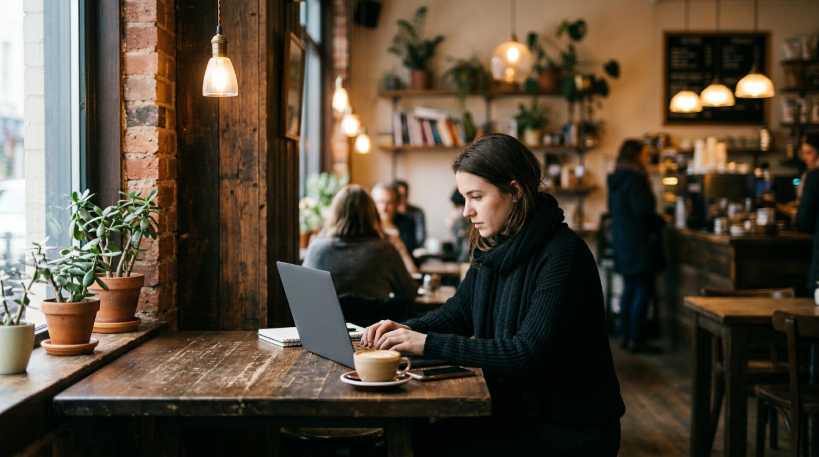 Person working on a laptop at a cafe corner table