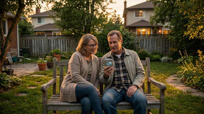 Neighbors on a garden bench talking through a translation app