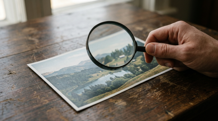 Magnifying glass examining details of a printed landscape photo