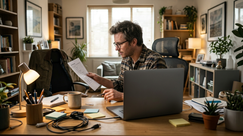 Person reviewing a shopping checklist next to a laptop