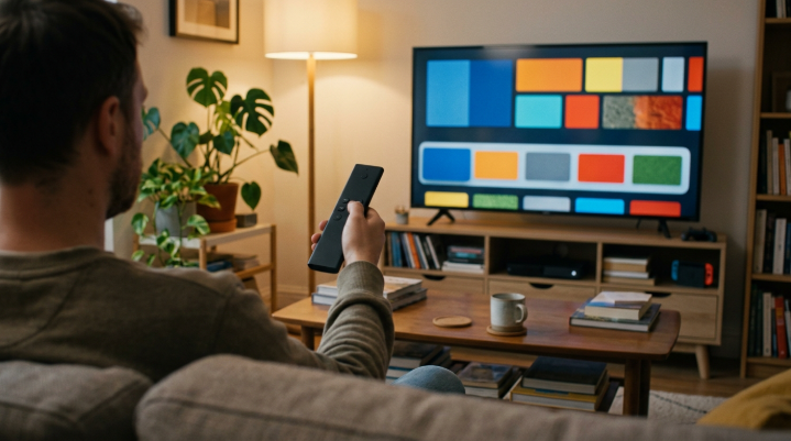 Remote control pointed at a cluttered smart TV home screen