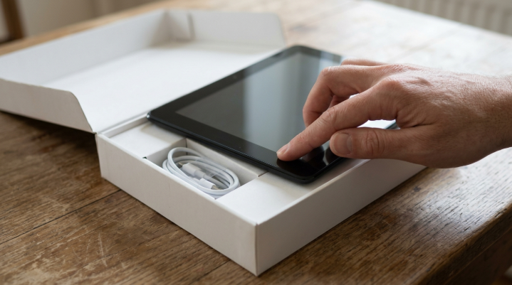 Refurbished tablet in its box being inspected