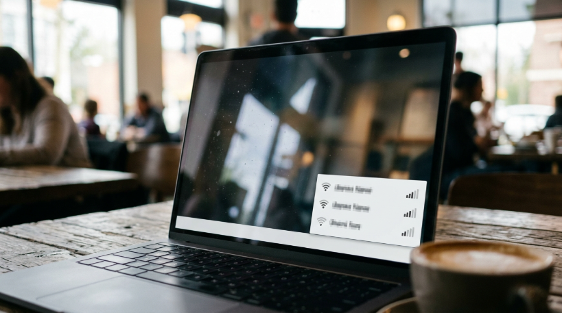 Laptop screen in a cafe showing three similar Wi-Fi network names