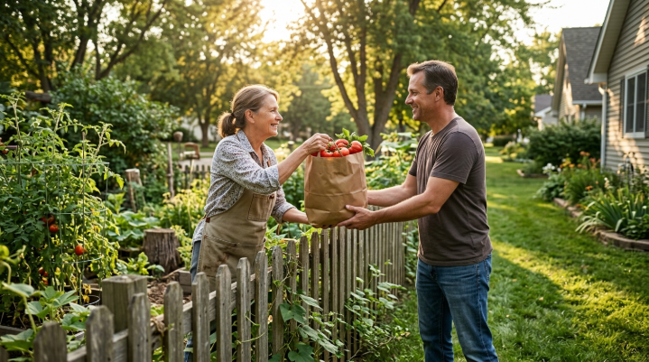 Neighbor handing a bag of garden tomatoes over a fence