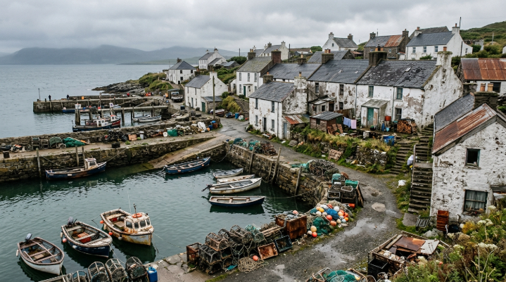 Real weathered coastal harbor village with fishing boats