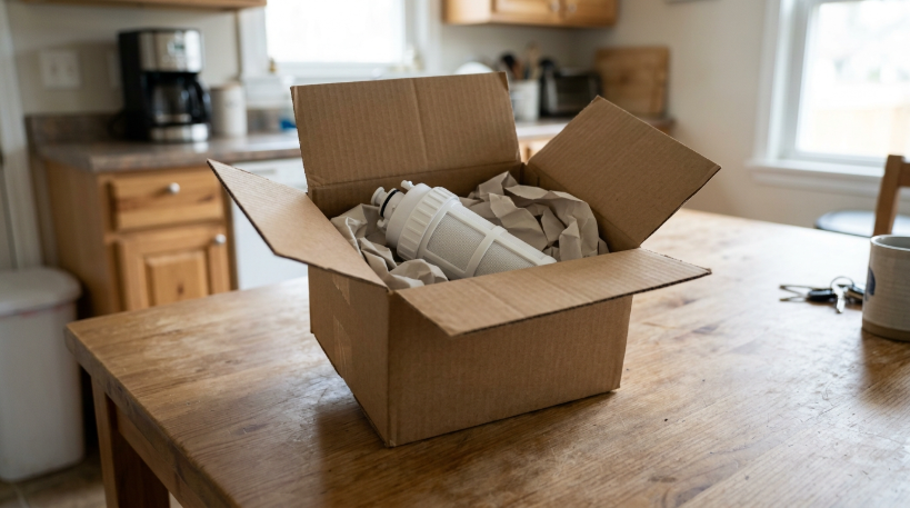 Opened parcel containing a single water filter cartridge