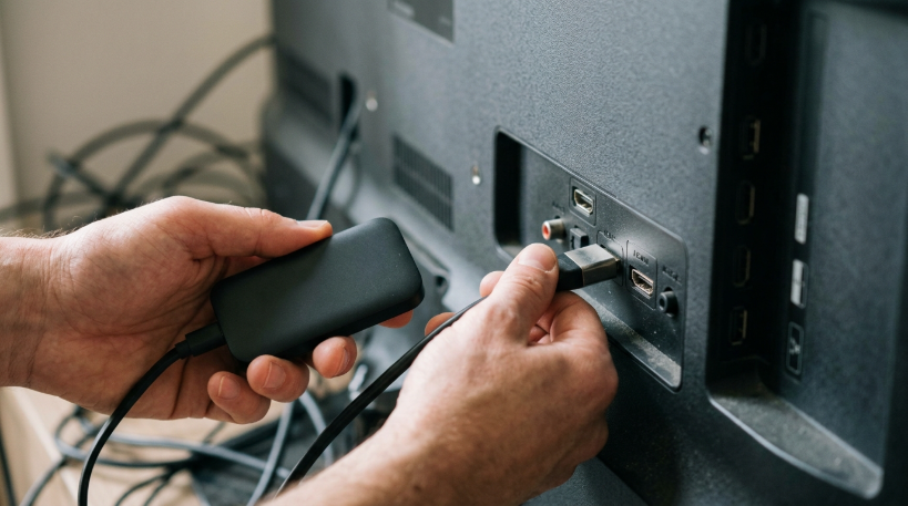 Hands plugging a streaming device into a TV HDMI port
