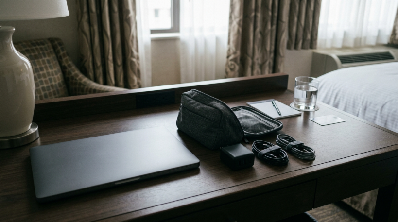 Travel pouch with a compact charger and two cables on a hotel desk