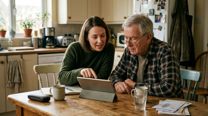 Adult child helping a parent set up a tablet at the kitchen table