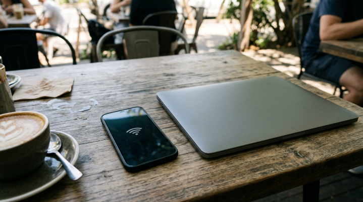 Phone showing a Wi-Fi hotspot symbol next to a closed laptop